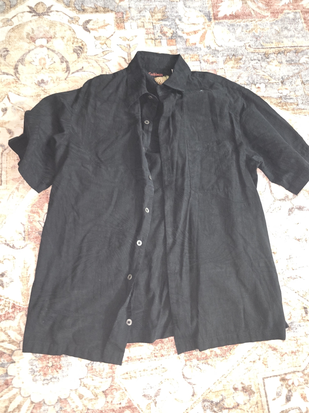 Caribbean Black Silk Blend Button-Down Hawaiian Shirt